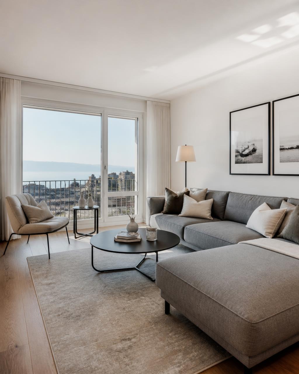 Séjour lumineux et raffiné d'un appartement suisse avec vue sur le lac Léman