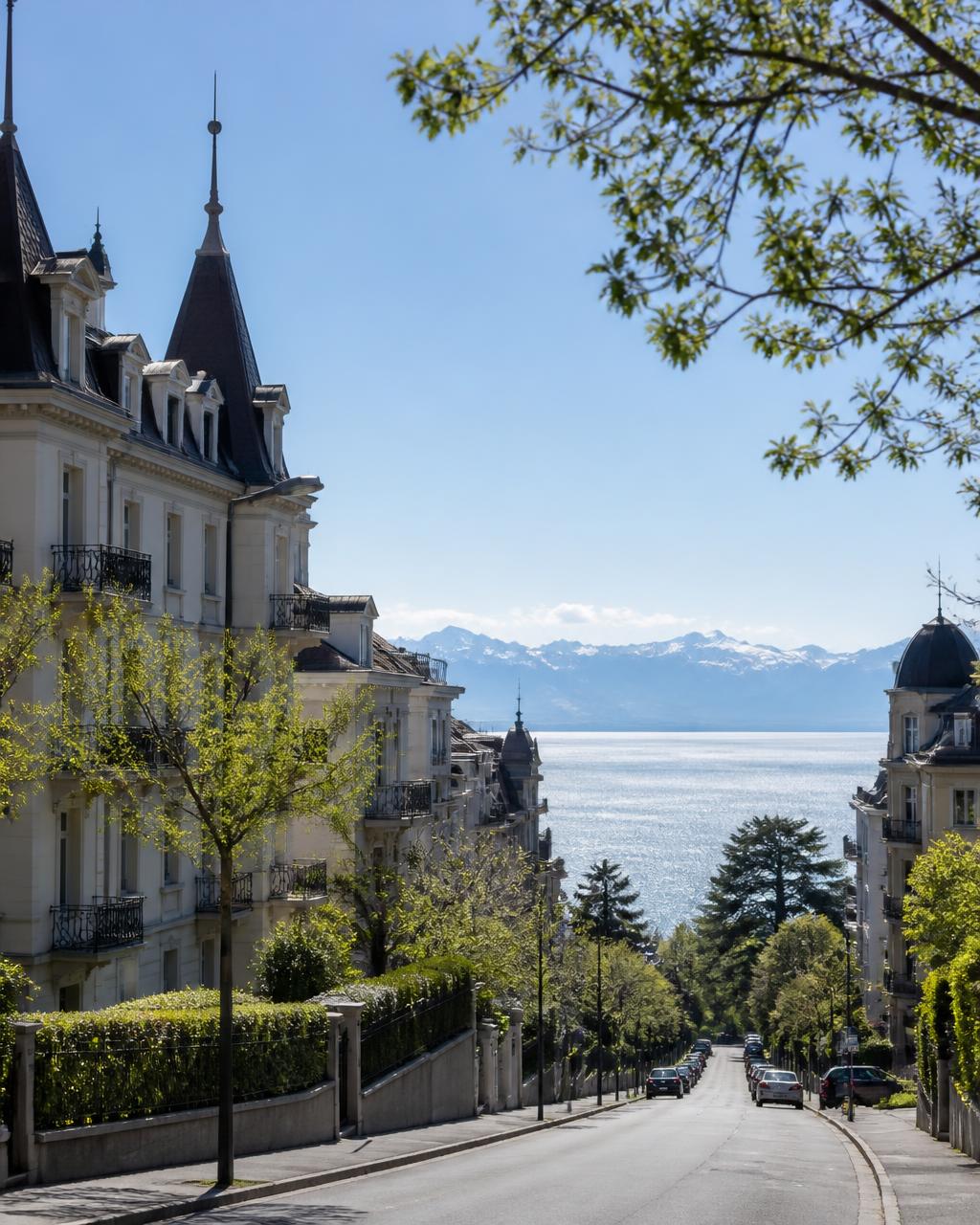 Quartier résidentiel de Lausanne avec vue plongeante sur le lac Léman et les Alpes